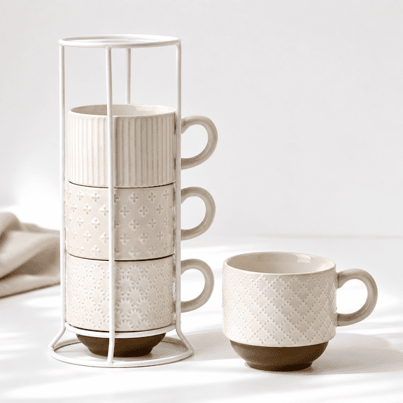 Large Ceramic Coffee Mug Set Of 4 With Stand 15 Oz Stackable Different Embossment Ribbed Latte Cup For Cappuccino Tea Hot Cocoa D