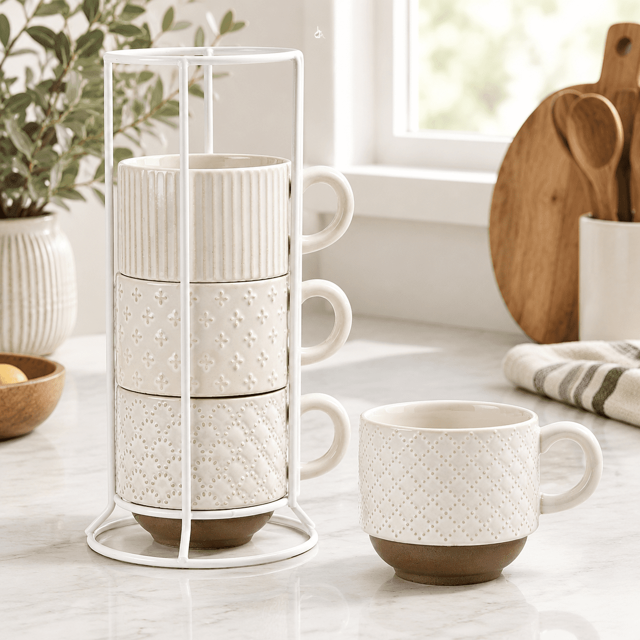 Large Ceramic Coffee Mug Set Of 4 With Stand 15 Oz Stackable Different ...