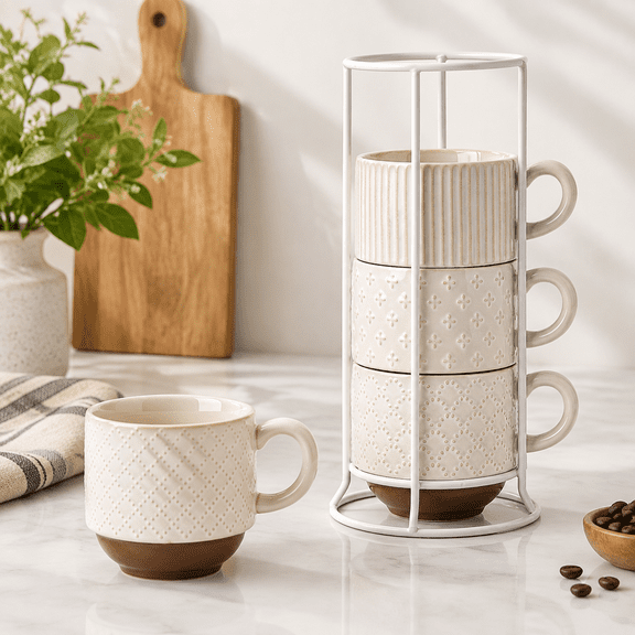 Large Ceramic Coffee Mug Set Of 4 With Stand 15 Oz Stackable Different Embossment Ribbed Latte Cup For Cappuccino Tea Hot Cocoa D
