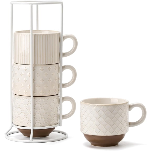 Large Ceramic Coffee Mug Set of 4 with Stand 15 Oz Stackable Ribbed Latte Cups with Embossed Designs Dishwasher and Microwave Safe Aged Ivory