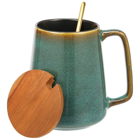 Large Ceramic Coffee Mug with Spoon and Wood Lid 24 OZ Coffee Cup Large Handle Design Tea Cup Microwave and Dishwasher Safe Mug for Coffee Tea Cocoa Milk