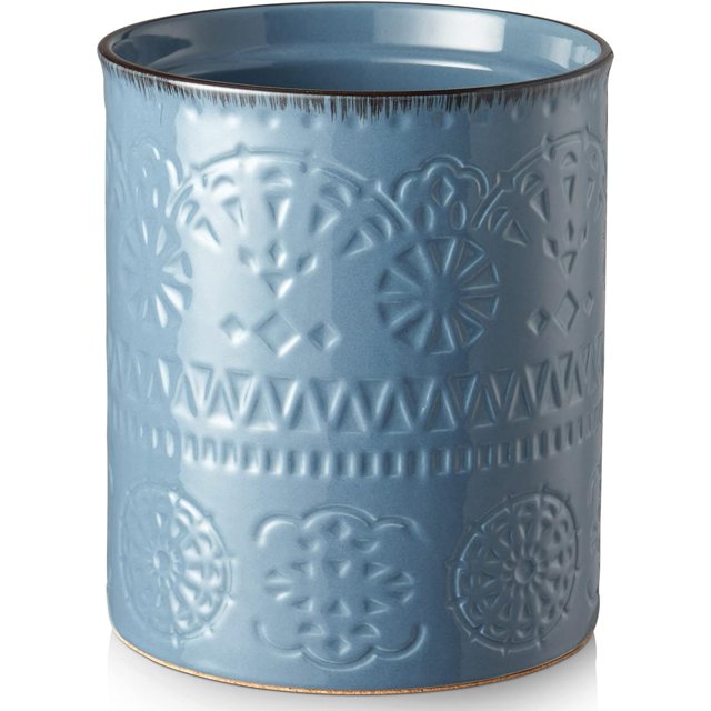 Large Ceramic Cooking Utensil Holder Turquoise 7.2" Diameter Farmhouse