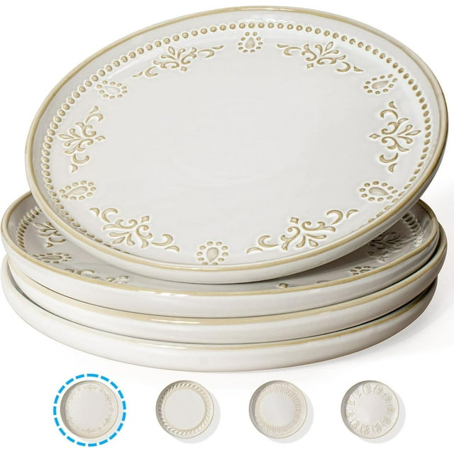 Large Ceramic Dinner Plates Set Of 4, 10.75 Inch Embossed Kitchen Salad Plates, Modern Serving Plates For Restaurant, Plates With Lipped Edges, Microwave Dishwasher Safe (Damask Floral)