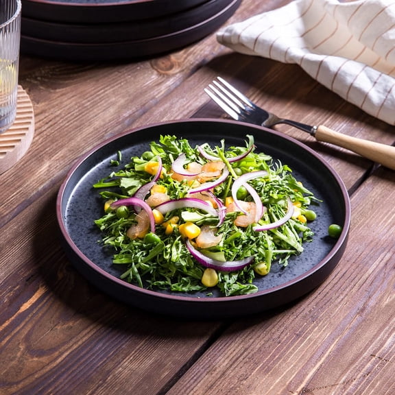 Large Ceramic Dinner Plates Set of 6, 10.75 Inch Modern Shape Plates, Microwave & Dishwasher Safe, Coffee Rim