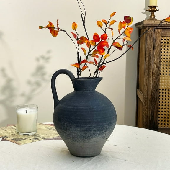 Black Rustic Terracotta Vase with Handle,8.8 Inch Vintage Ceramic Flower Vase for Home and Entryway Decor