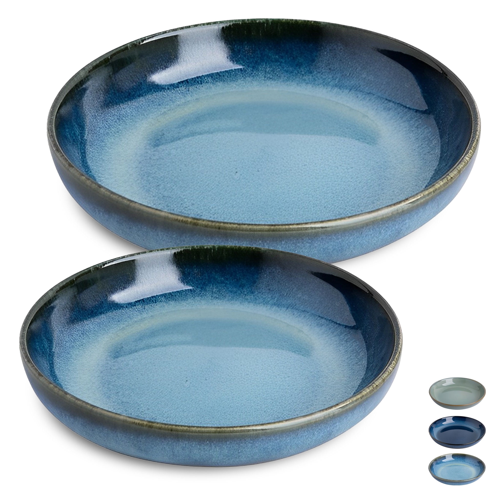 Set Of 4 Ceramic Pasta Bowls - 8.9 Inch Large Serving Bowls, Microwave & Dishwasher Safe, Azure Blue