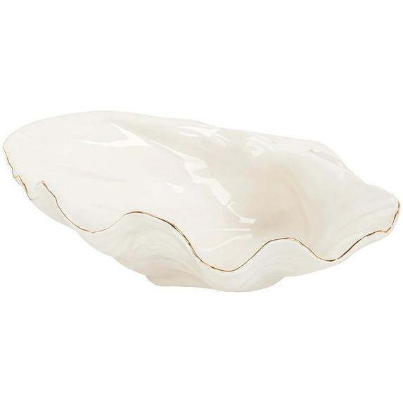 Large Ceramic Shell-Shaped Decorative Bowl with Gold Trim, White Porcelain Centerpiece for Coffee Table, Fruit Candy Dish for Home or Office, Elegant and Functional Table Decor