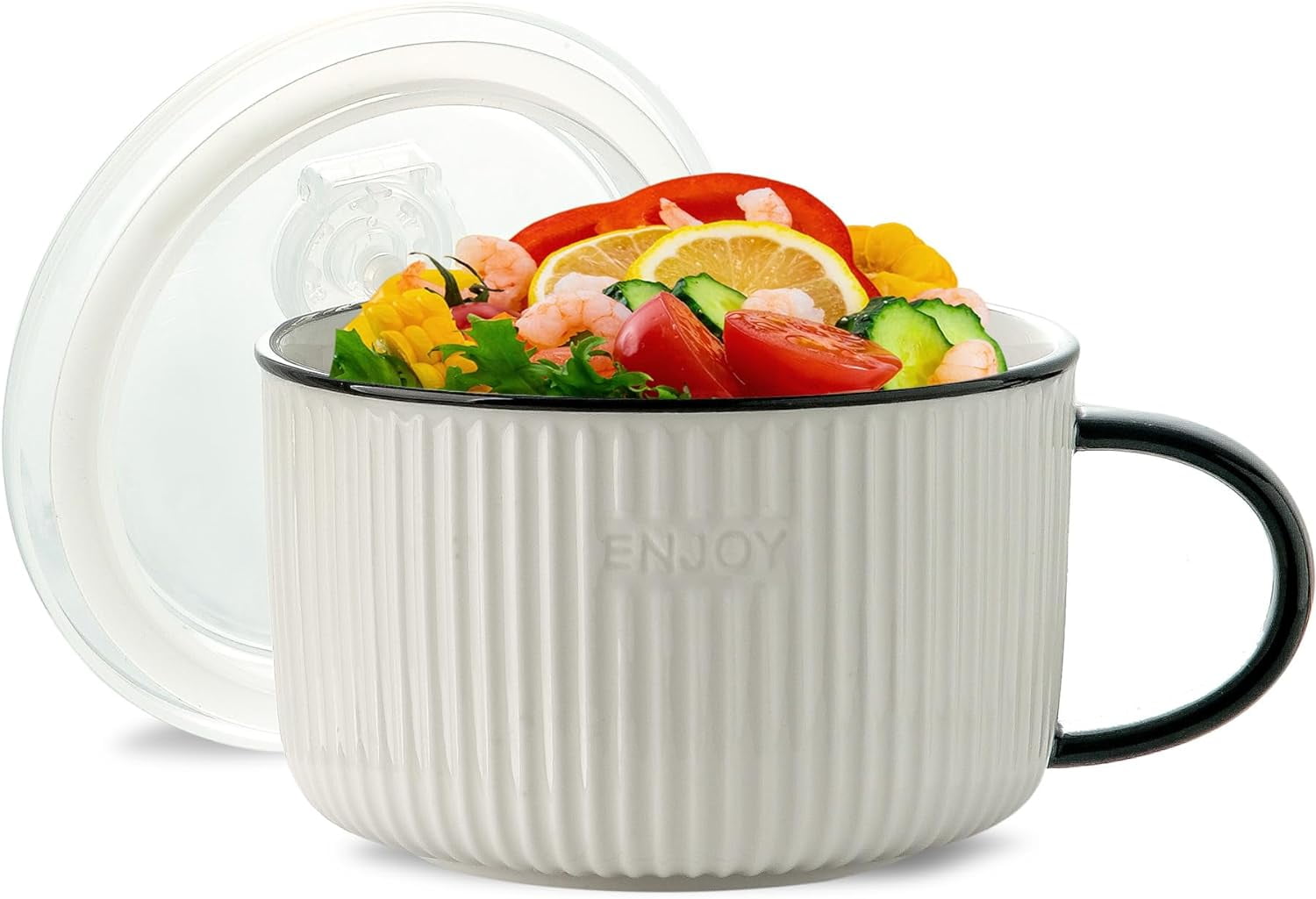 Large Ceramic Soup Bowl with Handle and Lid Microwaveable Ramen Bowl