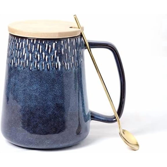 Large Ceramics Coffee Mugs,24 OZ,with Spoon and Wooden Lid,for Coffee,Tea,Large Handle Design,Microwave and Dishwasher Safe(Color:24 oz star blue set)