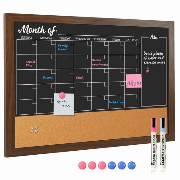 Large Chalkboard Calendar & Corkboard for Wall, 36"x24" Chalkboard Magnetic Dry Erase Monthly Calendar Chalkboard, Hanging Chalkboard Cork Board Combo, Calendar Bulletin Board for Home Kitchen Office