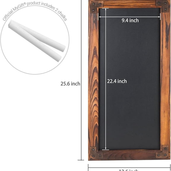 Large Chalkboard Sign Wall-Mounted - 12 x 25-Inch Burnt Wood Frame Erasable Blackboard with Metal Accent Corners