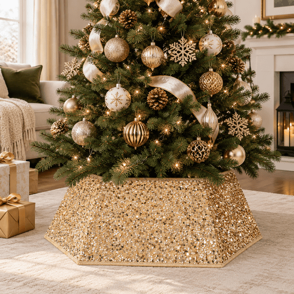 Tree Standie Large Champagne Sequin Christmas Tree Collar, 33.5 Inch Diameter, Home ...