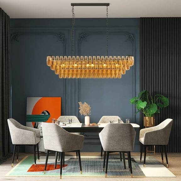 Large Chandelier, 53.9"Black and Gold Rectangular Drum for Dining Room,12-Light Modern Round Kitchen Island Hanging Light Fixture for Living Room, Kitchen Island, Foyer