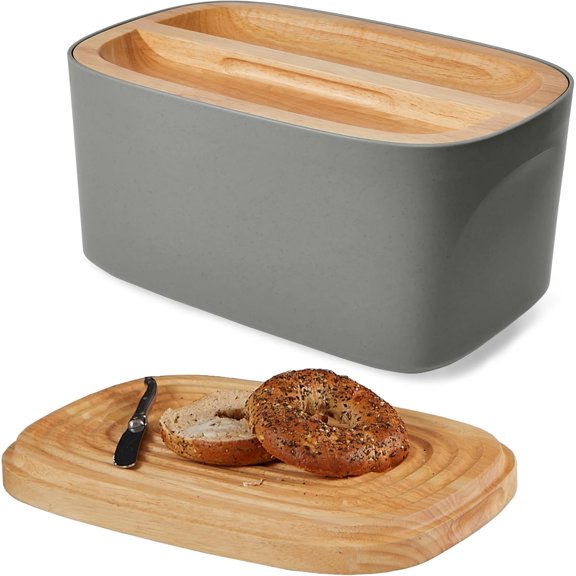 Large Charcoal Bread Storage Box with Built-in Wood Cutting Board | Sourdough-Friendly Rectangular Bread Bin | 14.25 x 9.25 x 7 Inches