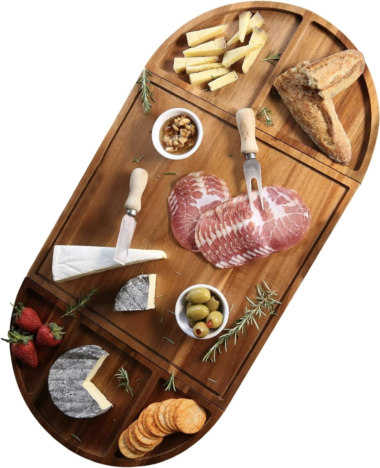 Large Charcuterie Board & Cheese Board - 3 Part Unique Long & Round Magnetic Set - Acacia Wood Grazing Board - Extra Large Wooden Serving Board Platter - 26x13