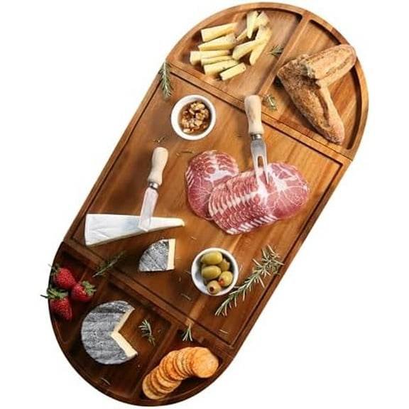 Large Charcuterie Board Set - 3 Part Unique Long & Round - Magnetic Acacia Wood Cheese Boards & Charcuterie Boards Gift Set - Wooden Tray Serving Cutting Board Platter 26x13