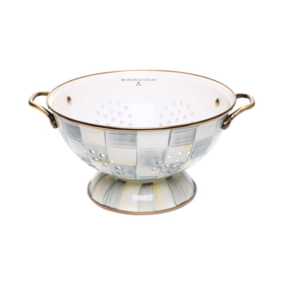 Large Checkered Colander - Durable Enameled Steel Kitchen Strainer with Hand-Painted Design