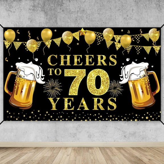 Large Cheers to 70 Years Banner Party Supplies, Black Gold Happy 70th Birthday Backdrop Decorations, 70th Anniversary Backdrop Poster Sign Decor