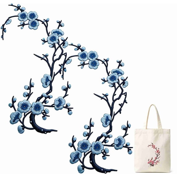 Large Cherry Blossom Iron‑On Patches Set of 2, Symmetrical Floral Embroidery Applique for Shoulder Sleeve Bodice Clothing Decoration, Blue