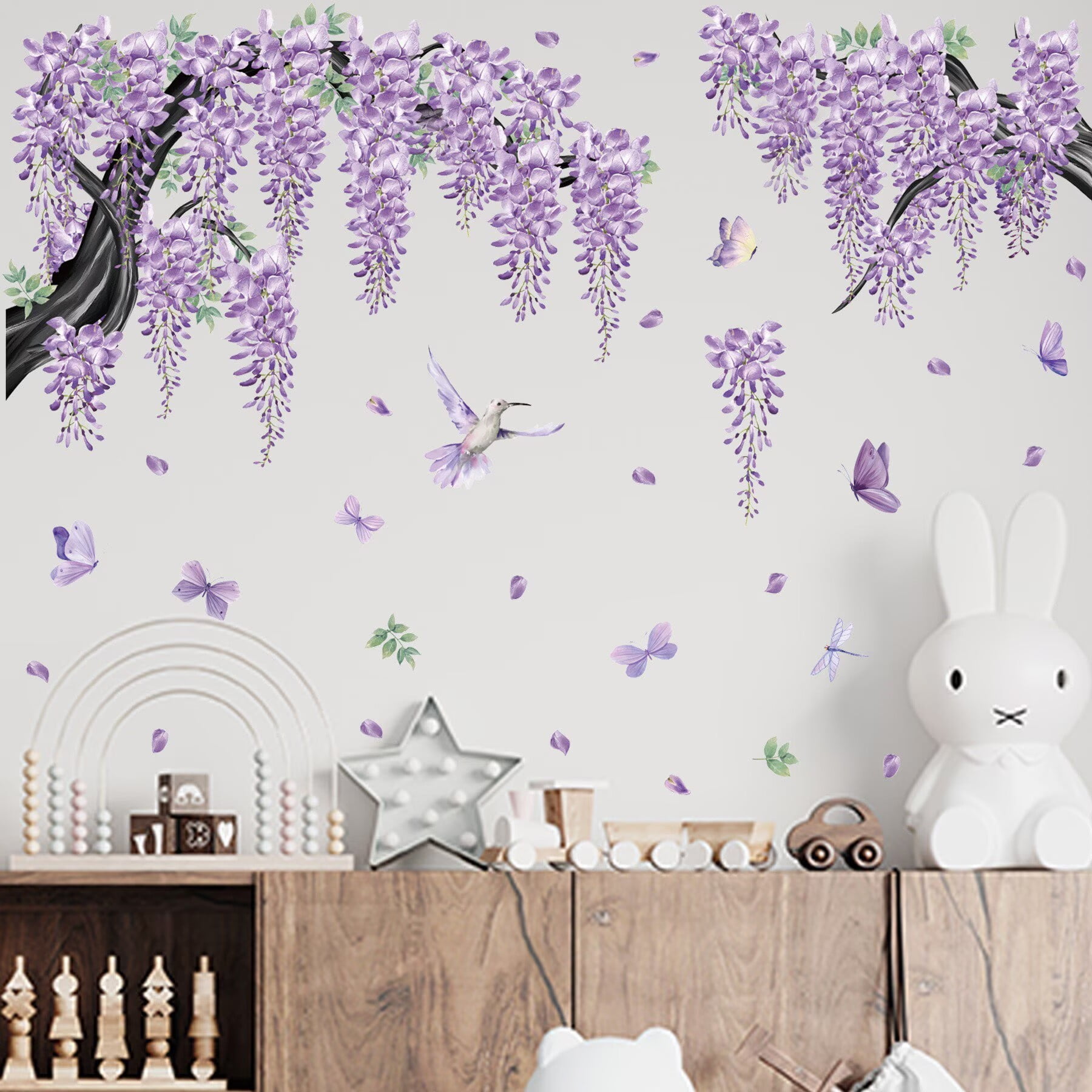 Large Cherry Blossom Tree Wall Stickers,4 Sheets Spring Purple Flower Bird Wall Decals Peel and Stick Waterproof Wall Murals Decor for Living Room Bedroom