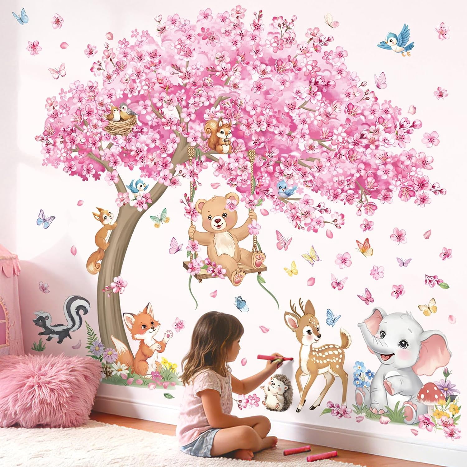 Large Cherry Blossom Tree Wall Stickers Woodland Animals Bear Deer Pink Flower Wall Decals Baby Nursery Kids Bedroom Living Room Home Decor