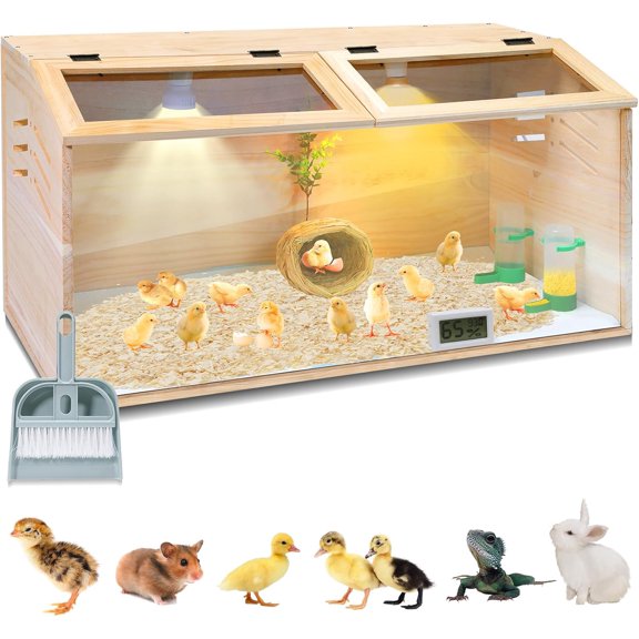 Large Chicken Brooder Box 32", Up to 15 Chicks, Thickened Pre-Drilled Holes Brooder Box for Chicks with Heat Lamp, Waterer, Feeder, Hygrothermograph, Instruction Manual, for Chick, Quails, Hamsters