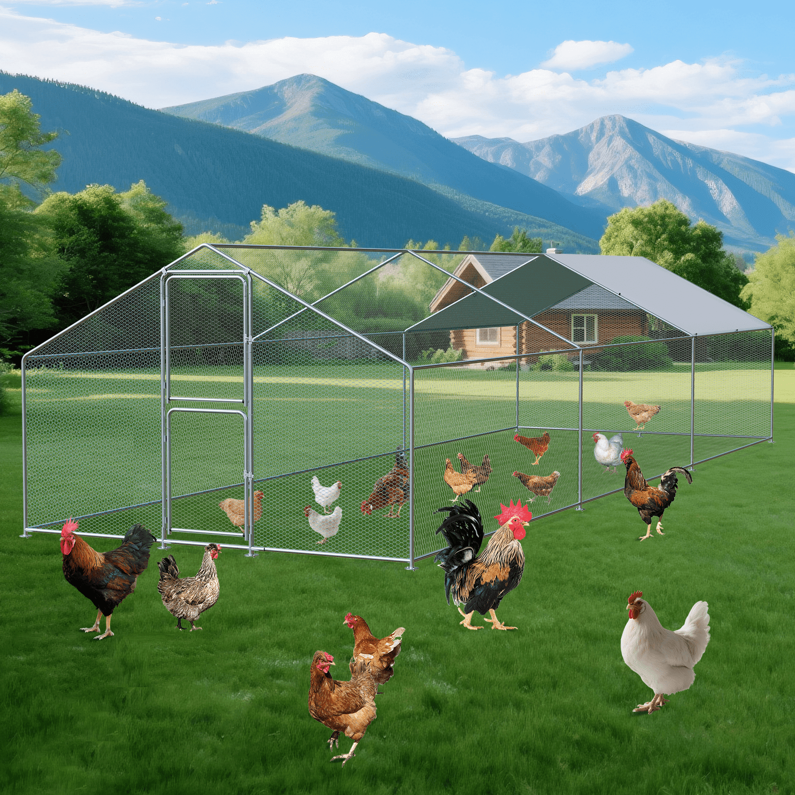 Large Chicken Coop, Chicken Run Metal with Waterproof Cover and Anti ...