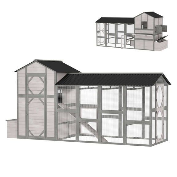 Large Chicken Coop for 8-10 Hens, 147" Wooden Coop with Run, Predator-Proof Mesh, Gray