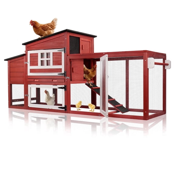 Large Chicken Coop with Run, Fits 4-6 Chickens, Outdoor Hen House, Metal Wheels, Thick Panels, Asphalt Roof, Easy Clean