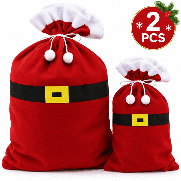 Large Christmas Bags Gift Bags Fabric Santa Sack Bags Jumbo Christmas Cloth Bag with Drawstring Reusable Xmas Present Storage Bag Party Favor 2Pcs Design 1