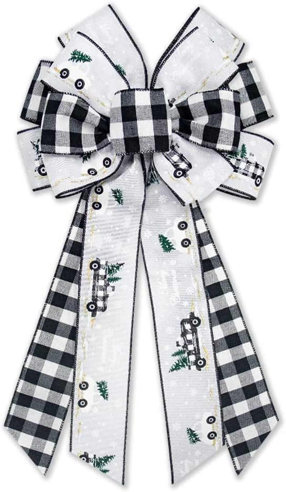 Large Christmas Bow for Wreath. White Black Plaid Wreath Bow for
