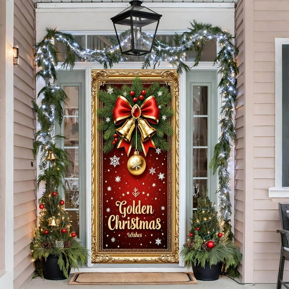Large Christmas Door Cover With Elastic Fabric Border, Holiday Themed Door Curtain For Wall And Front Porch Seasonal Party And Home Decoration