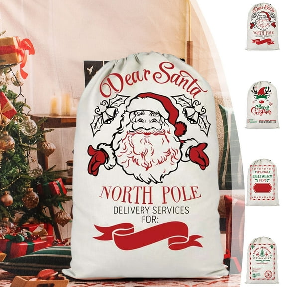 Large Christmas Drawstring Gift Bag Santa Design Red Green Canvas Reusable Holiday Storage Wrapping Organizer with Bells