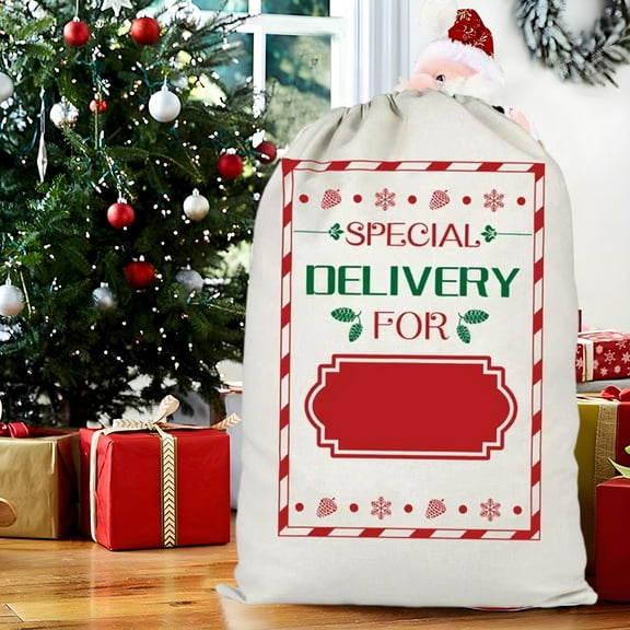 Large Christmas Drawstring Gift Bag, Santa Sleigh Design Reusable Fabric Storage Sack for Holiday Presents Party Supplies