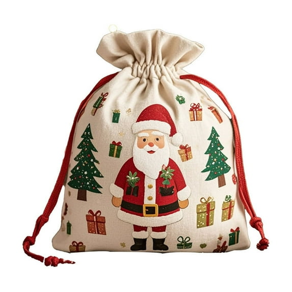 Large Christmas Drawstring Gift Bag with Santa Design Red Cord, Big Holiday Present Storage Sack for Candy Apples and Festive Party Decorations