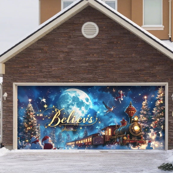Large Christmas Garage Door Cover 16x7 ft, Polar Express Snowman Garage Door Banner Decor, Vintage Believe Train Backdrop for Outdoor Indoor Xmas Eve Wall Decor