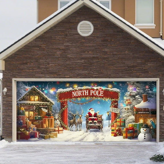 Large Christmas Garage Door Cover 16x7 ft, Polar Express Snowman Garage Door Banner Decor, Vintage Believe Train Backdrop for Outdoor Indoor Xmas Eve Wall Decor