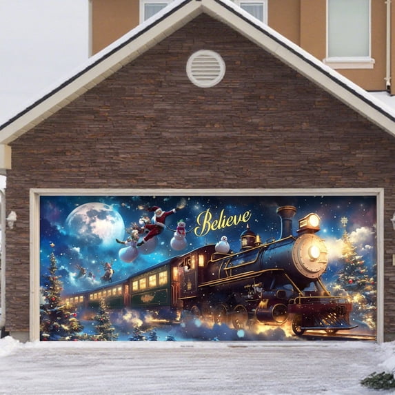 Large Christmas Garage Door Cover 16x7 ft, Polar Express Snowman Garage Door Banner Decor, Vintage Believe Train Backdrop for Outdoor Indoor Xmas Eve Wall Decor