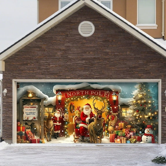 Large Christmas Garage Door Cover 16x7 ft, Polar Express Snowman Garage Door Banner Decor, Vintage Believe Train Backdrop for Outdoor Indoor Xmas Eve Wall Decor