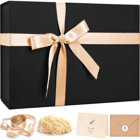 Large Christmas Gift Box 14"x8.5"x4.5" Birthday Boxes for Presents Anniversary Wedding,Black boxes with Ribbon,Shredded Filler,Card