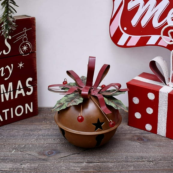 Large Christmas Jingle Bell Decoration Rustic Red Jingle Bell Hanging Christmas Tree Bell Ornament Metal Star Cutout Xmas Holiday Decor