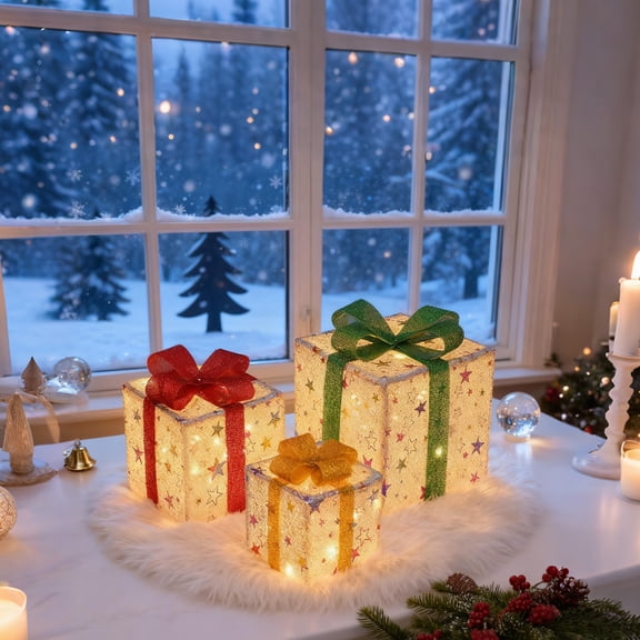 Large Christmas Lighted Gift Boxes, Set of 3 Light Up Gift Boxes for Christmas Tree, Outdoor Lighted Christmas Decorations 48 LED Present Boxes Silver Star Christmas Lighted Outdoor Display