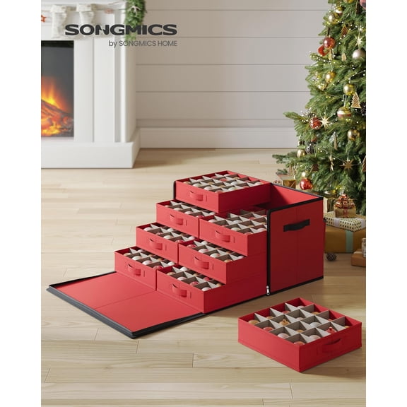 Large Christmas Ornament Storage Box - Cherry Red, 128 Slots, Stackable with Lid
