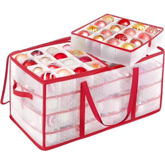 Large Christmas Ornament Storage Boxes, 3-Inch Balls, 8 Trays, 128 Slots, Plastic Christmas Storage Container with Lid, Dual Zippers, Side Handles, Cherry Red