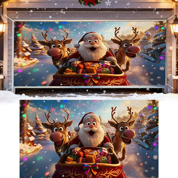 Large Christmas Party Background for Garage Door Santa Photography Holiday Banner and Festive Wall Hanging