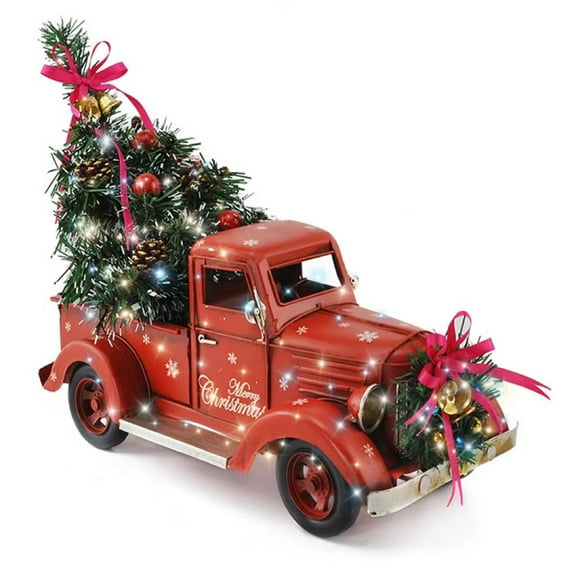 Large Christmas Red Truck Decoration,Vintage Farmhouse Metal Trucks Pickup Tiered Tray Decor for Tabletop Home Kitchen Centerpiece Decorations,Lighted Up Christmas Truck with Xmas Tree Decor