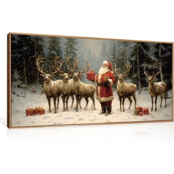Large Christmas Santa Claus Framed Canvas Wall Art , Xmas Sleigh Deer Wall Decor,Vintage Tree Winter Artwork for Living Room,Bedroom,Dining Room,Office -20"x40"