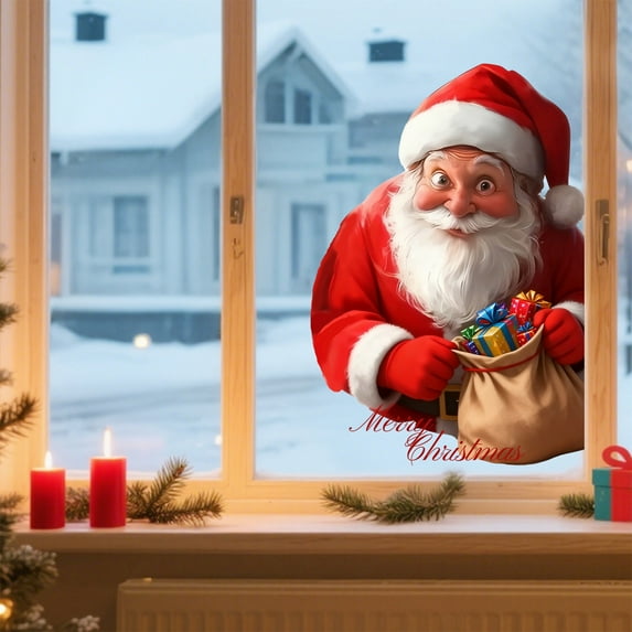 Large Christmas Scene Window Stickers, PVC Static Cling Decals for Shopping Mall Store Front Glass Decor(D)