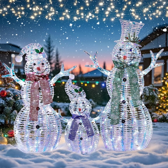 Large Christmas Snowman Family Decorations, 43Inch 3D Pre-Lit Iridescent Snowman with 200 LED Lights & Zip Ties, Indoor Outdoor Holiday Decor for Yard,Porch,Home-Iridescent