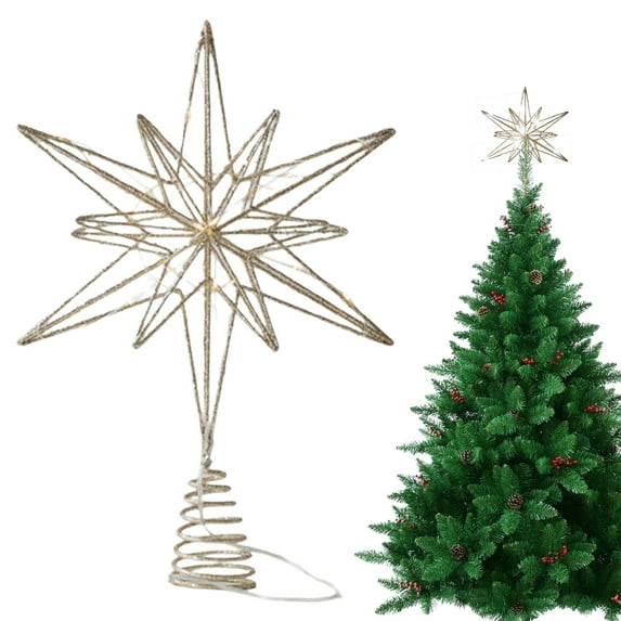 Large Christmas Star Tree Topper with LED Lights, Christmas Tree Star Topper, Glitter Sparkle Treetop Ornament, LED Star Treetop for Home Holiday Party Decorations, Hallow Wire Star,8.66X12.99 inch